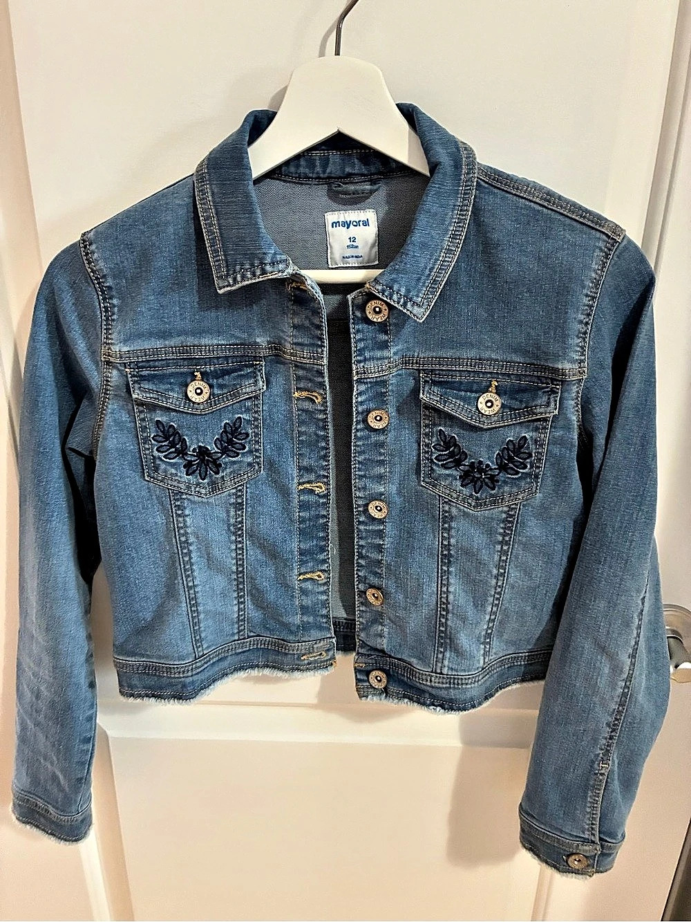 Mayoral Girls Blue Embroidered Denim Jacket Size 12